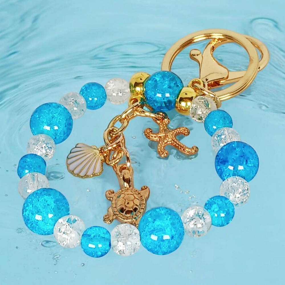 Beaded Bag Key Charm Blue White Gold Sea Turtle Shell Starfish Y2K Mermaidcore - Picture 5 of 12